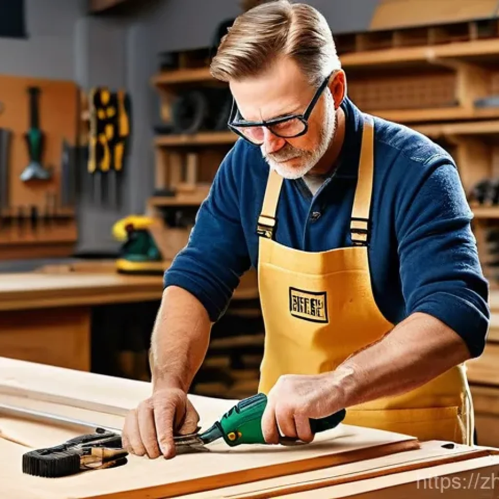 목공용 에어공구 추천 - Efficient Assembly with a Pneumatic Nail Gun**
A focused male woodworker, approximately 30-40 ye...