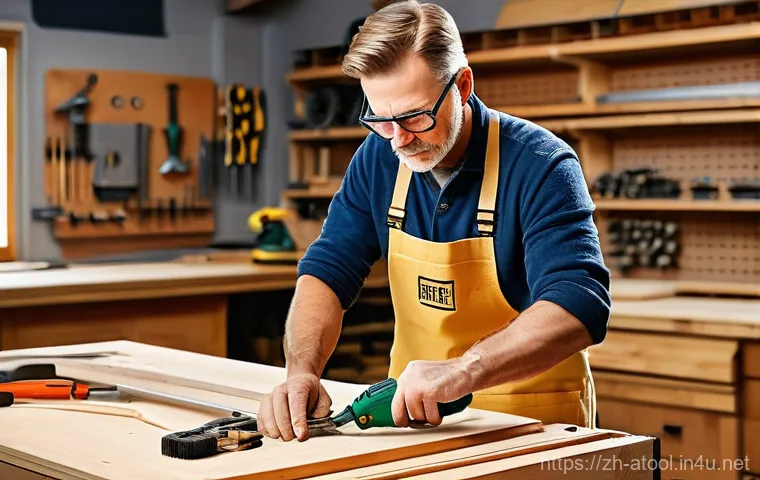 목공용 에어공구 추천 - Efficient Assembly with a Pneumatic Nail Gun**
    A focused male woodworker, approximately 30-40 ye...