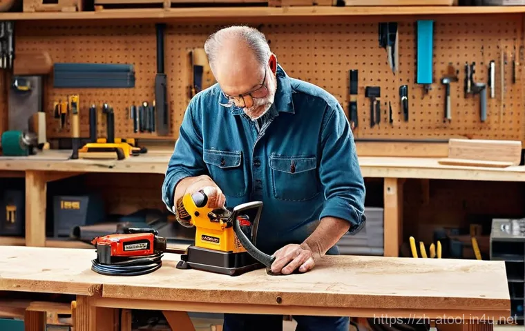 목공용 에어공구 추천 - Achieving a Smooth Finish with a Pneumatic Sander**
    A close-up, detailed shot of a male woodwork...