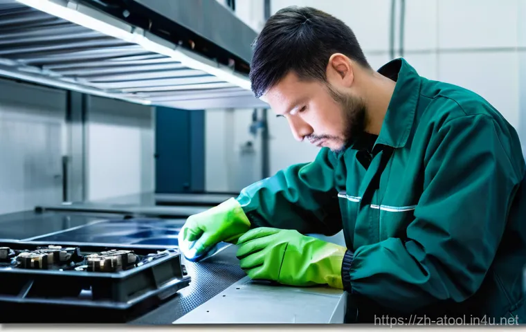 산업용 에어공구 선택 가이드 - 2 N·m') and a green 'OK' indicator. The technician is focused intently on fastening a tiny component...