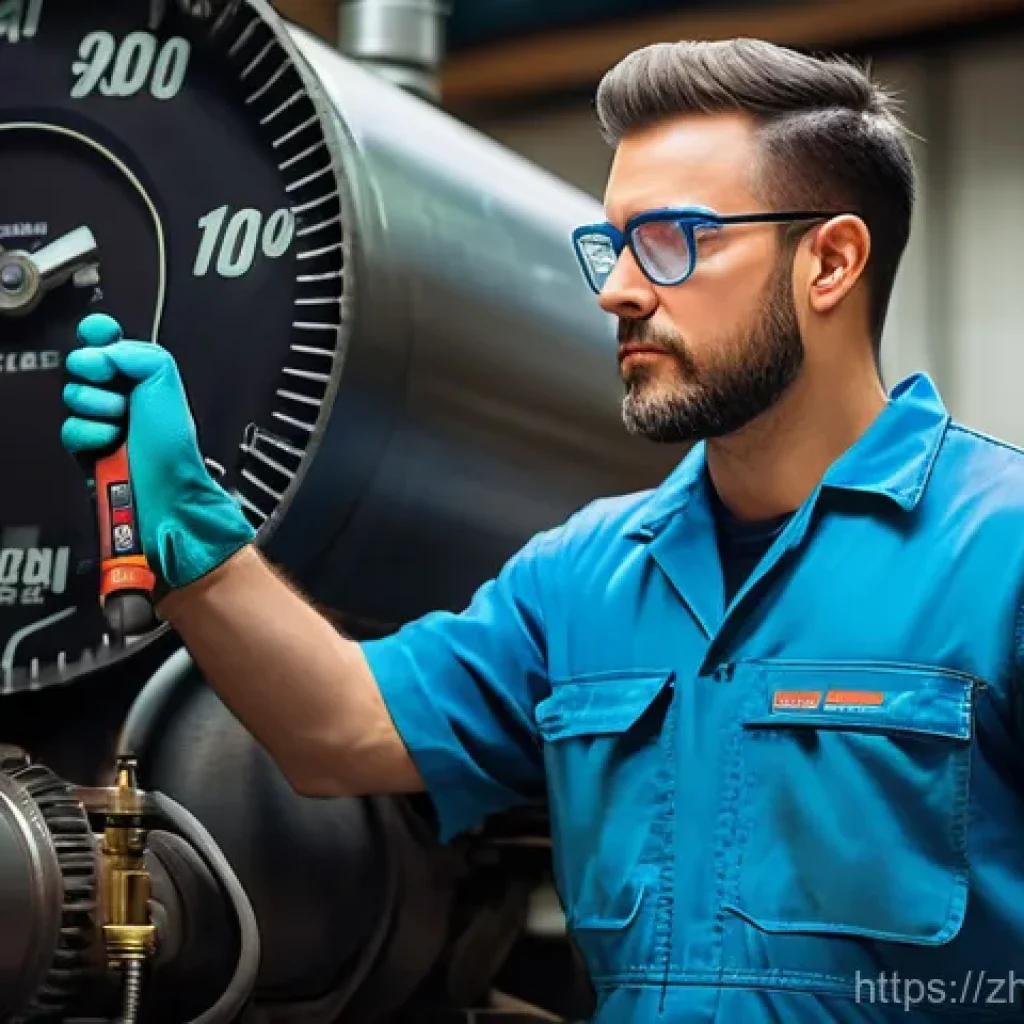 대형 콤프레셔 사용법 - **Prompt:** A hyper-realistic, high-resolution photograph capturing a diligent male technician, in h...