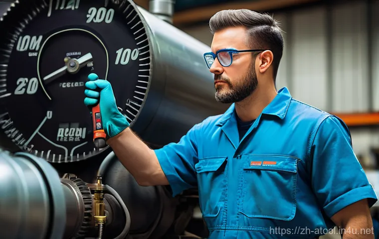 대형 콤프레셔 사용법 - **Prompt:** A hyper-realistic, high-resolution photograph capturing a diligent male technician, in h...