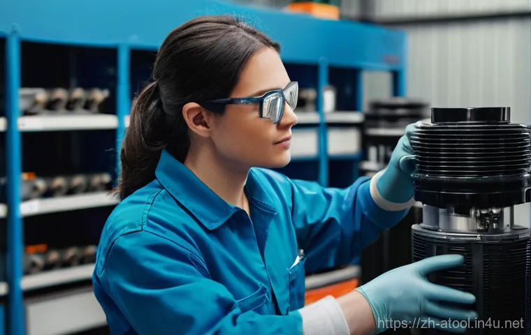 대형 콤프레셔 사용법 - **Prompt:** A cinematic, photorealistic image of a focused female technician, in her early 30s with ...