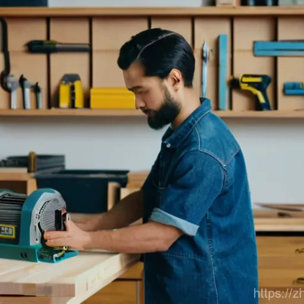 소형 콤프레셔 추천 - **Home DIY & Quiet Operation:** A person (gender-neutral, 20s-30s) is focused on a light woodworking...