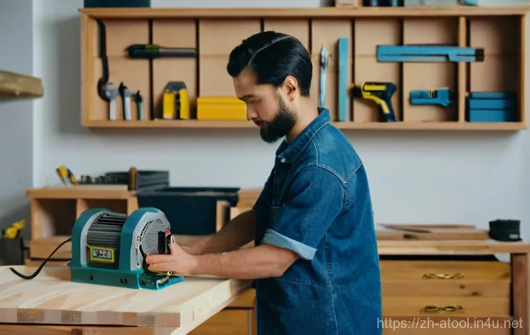 소형 콤프레셔 추천 - **Home DIY & Quiet Operation:** A person (gender-neutral, 20s-30s) is focused on a light woodworking...