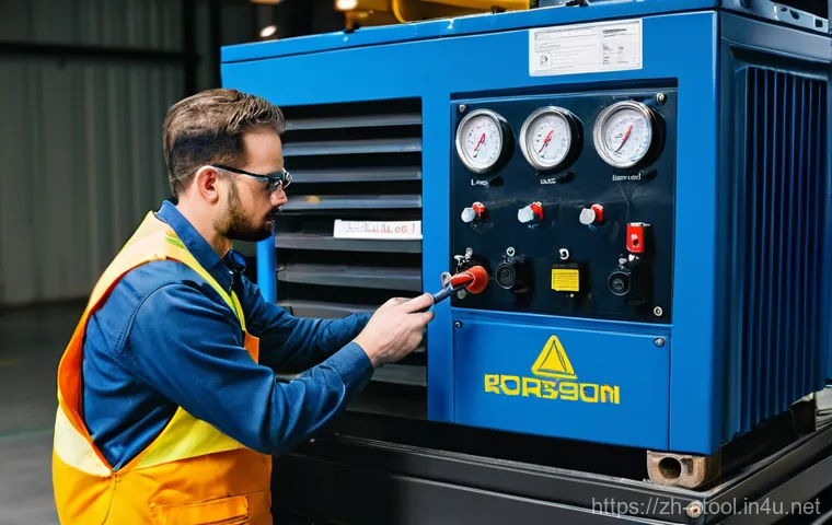 콤프레셔 유지보수 주기 - **Prompt 1: Diligent Daily Inspection of an Industrial Air Compressor**
    A wide-angle, medium sho...