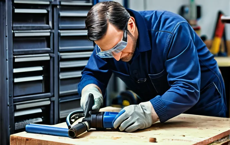 에어공구 수리 방법 - **Prompt for image generation: "Pneumatic Tool Leak Detection"**
    A skilled male technician, dres...