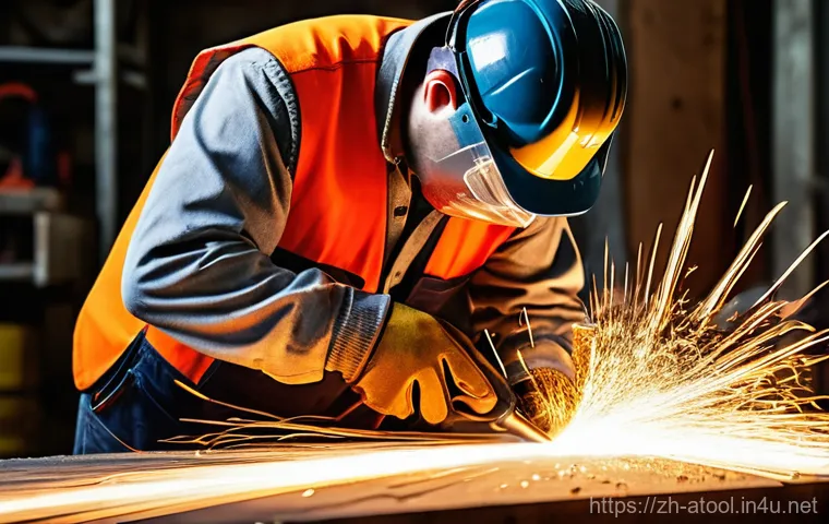 에어공구 사용 시 안전장비 - Image Prompt 1: Focused on Eye and Hand Protection in a Dynamic Workshop** 에어공구 사용 시 안전장비 - Image Prompt 1: Focused on Eye and Hand Protection in a Dynamic Workshop**